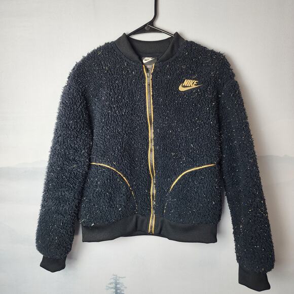 Nike Youth Sherpa Shine Black and Gold Full Zip JacketGirl's XL Loose Fit